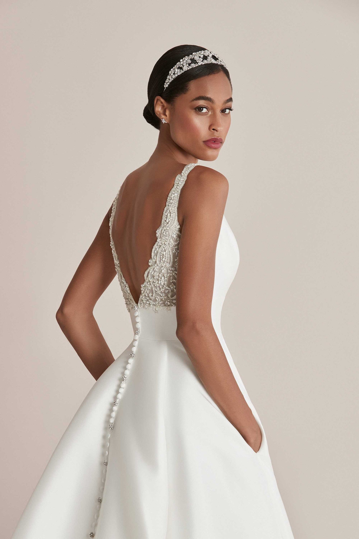 Justin Alexander Mikado Ball Gown with Sabrina Neckline and Beaded Back
STYLE Camryn